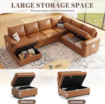 108 Inch Faux Leather Modular Sectional Sofa with Pull Out Bed,U Shaped 7 Seat Sectional Sleeper Sofa with Storage,Sectional Couches for Living Room,Cloud Modular Couch,Brown Leather