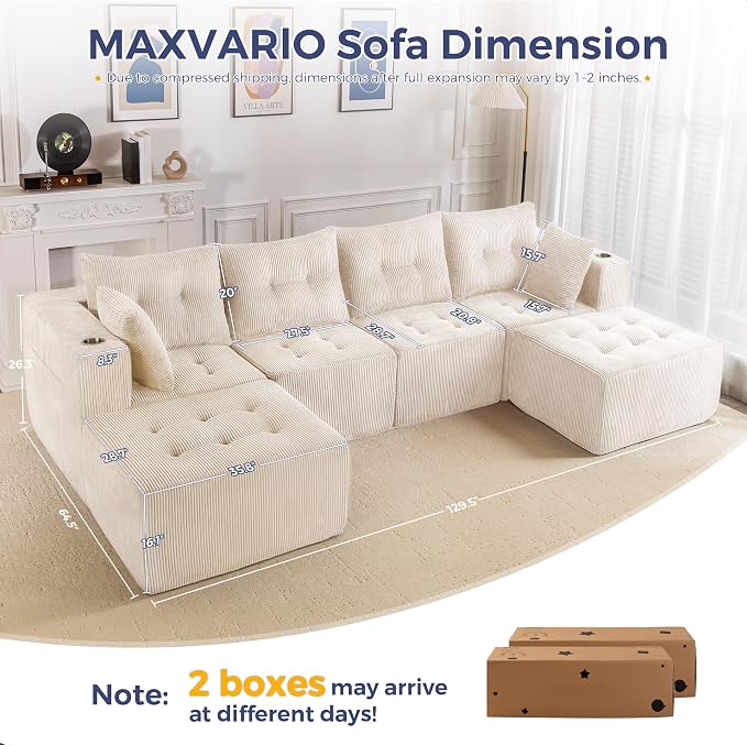 MAXYOYO 129.5" Modular Sectional Sofa Couch, U Shaped Modern Cloud Couch with 2 Ottomans, Sofa in A Box, Tufted 6-Seat Boneless Chair for Living Room, No Assembly Required, Beige