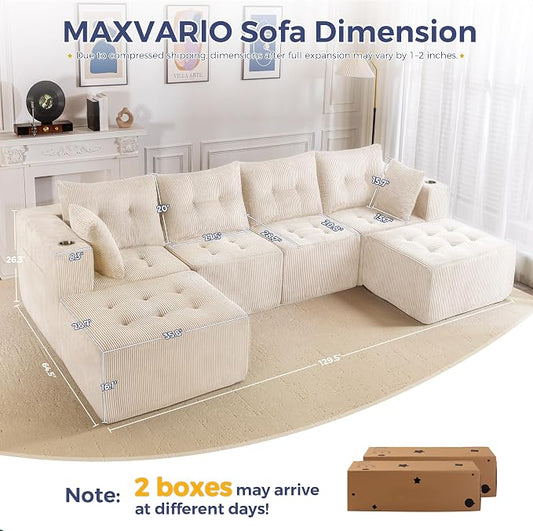 MAXYOYO 129.5" Modular Sectional Sofa Couch, U Shaped Modern Cloud Couch with 2 Ottomans, Sofa in A Box, Tufted 6-Seat Boneless Chair for Living Room, No Assembly Required, Beige
