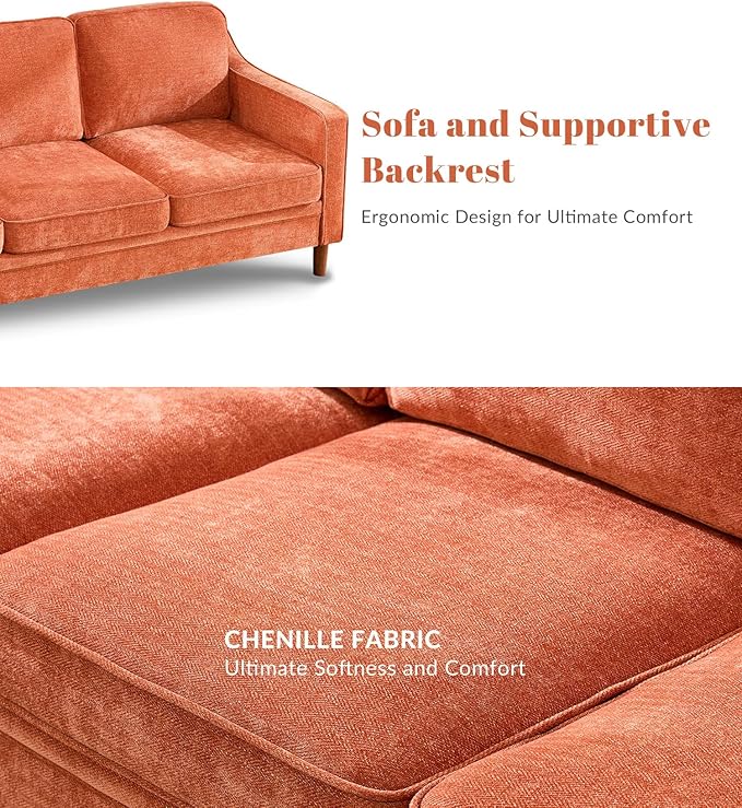 Kingfun 80" Chenille Sofa, 3 Seater Couch, Mid Century Modern Couches with Solid Wood Legs for Living Room Bedroom