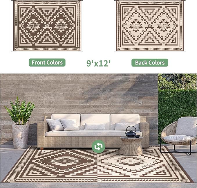 GENIMO Outdoor Rug for Patio Clearance - 9x12 ft Waterproof Plastic Camping Rugs, Reversible Outside Rv Mat Carpet for Porch, Deck, Picnic, Balcony, Beach, Backyard, Coffee Beige