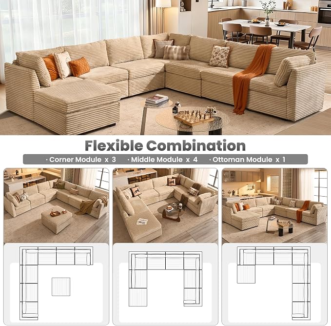 ovios Modular Sectional Sofa Couch with V-Shape Chaise Ottoman, Comfy Plush Corduroy Cloud Couches, Modern Luxury Deep Seat Sofas Set for Living Room, 8-Seater, Beige