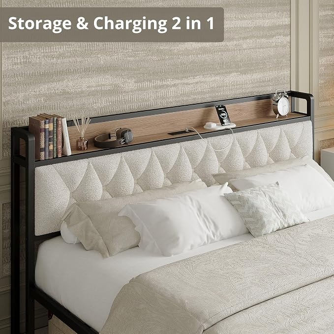 King Size Bed Frame with Headboard & Charging Station, Wood and Cream
