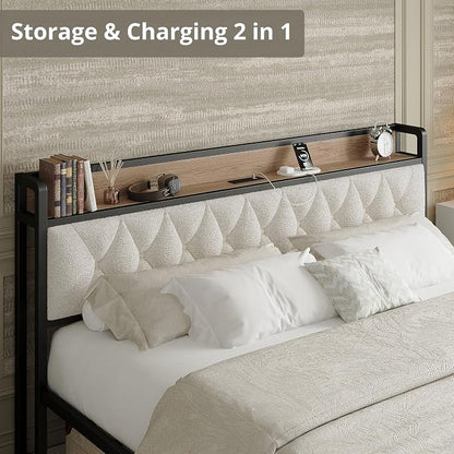 King Size Bed Frame with Headboard & Charging Station, Wood and Cream