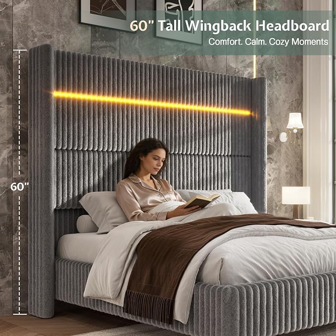 Jocisland Queen Bed Frame Faux-Fur Upholstered 60" Tall Headboard, Gray | Wingback Headboard, LED lights,USB Charging, Noise-free, No box spring needed, easy assembly, for Couples & Guest Room
