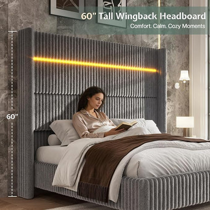 Jocisland Cal King Bed Frame Faux-Fur Upholstered 60" Tall Headboard, Gray | Wingback Headboard, LED lights, USB Charging, Noise-free, No box spring needed, easy assembly, for Tall People