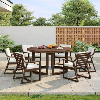 Quarte 7-Piece Patio Dining Table Set, Round Dining Table with 1.96" Umbrella Hole, Outdoor Wooden Patio Furniture Set for Garden, Backyard and Pools (Mocha-7)