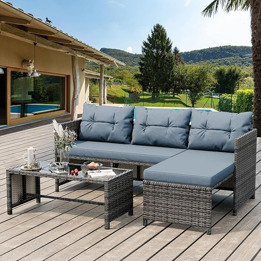 Shintenchi 3 Pieces Outdoor Patio Furniture Sets, Wicker Patio Conversation Sets, All Weather Wicker Rattan Patio Seating Sofas with Glass Coffee Table and Cushion, Blue-Gray