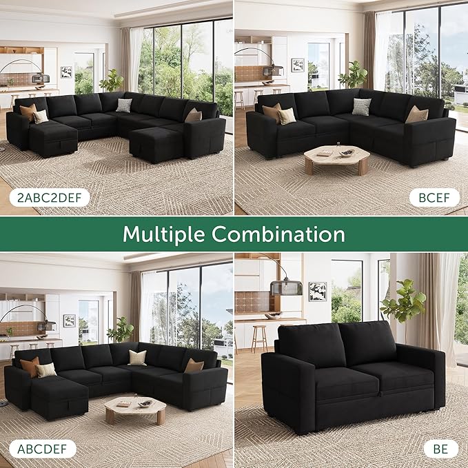 HONBAY Sectional Sleeper Couch with Pull Out Bed, U Shaped Sectional Sofa with Storage, Modular Velvet Sectional Couches for Living Room, Black