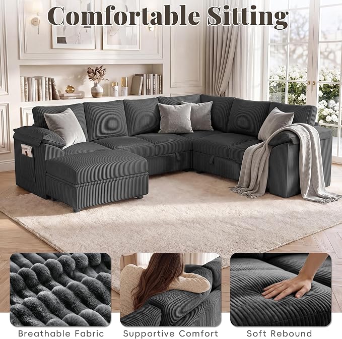 108 Inch Sectional Sleeper Sofa Bed with Pull Out Couch, U Shaped 7 Seat Cloud Modular Sectional Sofa with Storage, Corduroy Sectional Couches for Living Room, Removable Sofa Cover, Dark Grey