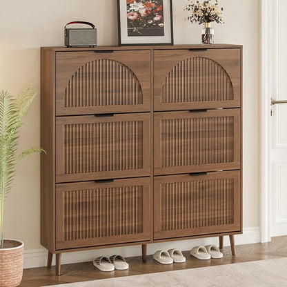 BORNOON Shoe Cabinet for Entryway with 6 Flip Drawers, Slim Wooden Shoe Storage Organizer with Modern Fluted Pannel，Freestanding Narrow Hidden Shoe Rack for Hallway, Foyer, Living Room