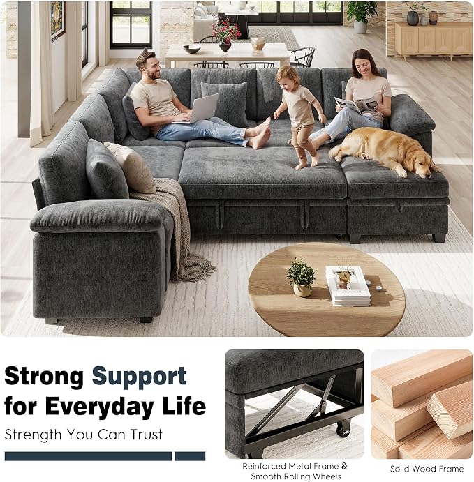 Ihanherry 108" Modular Sectional Sofa with Pull Out Bed, 7-Seater L Shaped Sectional Sleeper Couch with Storage, Chenille Convertible Couches for Living Room, Apartment (Grey)