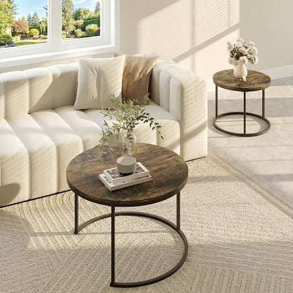 Living Room Side Table, Round Coffee Tables for Living Room, Modern Nesting Drink for Small Spaces, Set of 2 (Rustic Wooden)