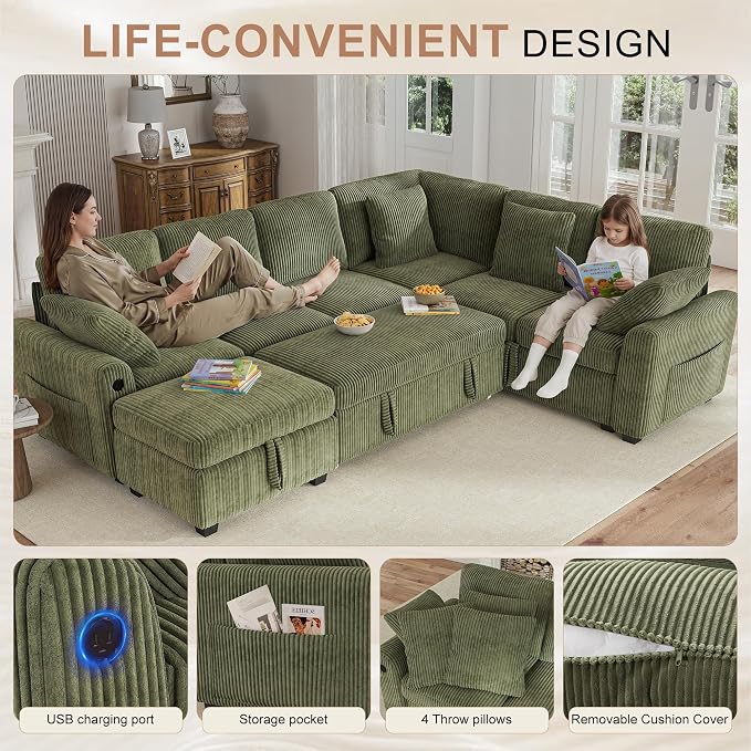Hanherry Sectional Couch with Pull Out Sofa Bed,Corduroy Sleeper Sofa with Storage Ottoman & USB Charging,Comfy L Shaped Modular Couches for Living Room,Apartment