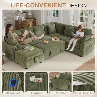Hanherry Sectional Couch with Pull Out Sofa Bed,Corduroy Sleeper Sofa with Storage Ottoman & USB Charging,Comfy L Shaped Modular Couches for Living Room,Apartment