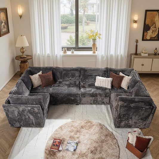 ovios Modular Sectional Sofa Couch with U-Shape Chaises Convertible, Comfy Plush Corduroy Cloud Couches, Modern Luxury Deep Seat Sofas Set for Living Room, 6-Seater, Grey