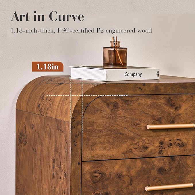 Curved 6-Drawer Dresser for Bedroom, 54" Wide Modern Chest of Drawers, Vanity Desk TV Stand for Living Room, Closet Storage Drawers Organizer Furniture, Nursery, Dark Burl