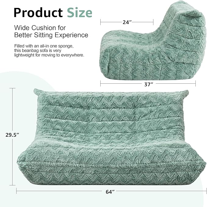 Hobestluk Large Bean Bag Chair Faux Fur BeanBag Couch for Living Room | Green Chevron, Loveseat,Ergonomic Design,Memory Foam,Anti-slip Bottom,No Assembly Required,Decorative Style for Living Room