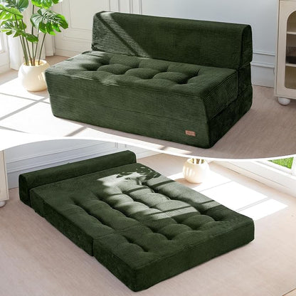 MAXYOYO 8" Folding Sofa Bed, Fold Out Chair Bed, Convertible Floor Sofa Couch, High-Density Foam Tufted Lounge Couch for Living Room Bedroom Dorm, Loveseat, Dark Green