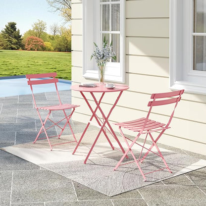 Bistro Table and Chairs Set of 2, 3 Piece Outdoor/Indoor Folding Patio Bistro Sets, 2 Chair Patio Furniture Set with Table, Premium Frame Foldable Coffee Tables for Balcony, Yard, Garden, Pink