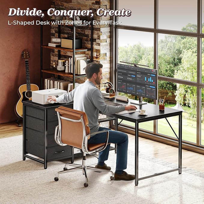 PRAISUN 43.3" Small Computer Desk with Power Outlets & USB-C Port, Reversible L Shaped Corner Office Desk with 4 Fabric Drawers and 2 Adjustable Storage Shelves, for Gaming Writing, Black