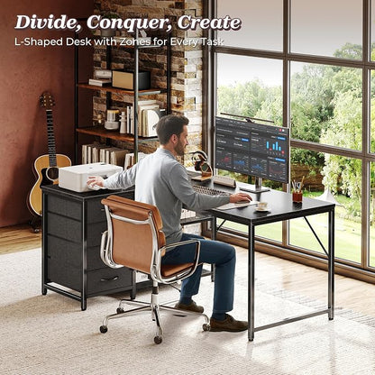 PRAISUN 43.3" Small Computer Desk with Power Outlets & USB-C Port, Reversible L Shaped Corner Office Desk with 4 Fabric Drawers and 2 Adjustable Storage Shelves, for Gaming Writing, Black