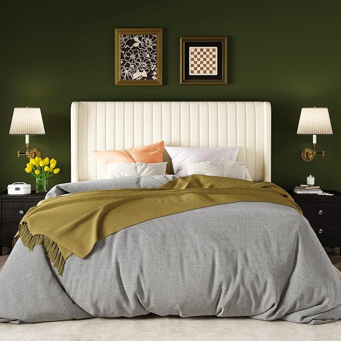 Allewie Full Size Velvet Bed Frame/Vertical Channel Tufted Wingback Headboard/Upholstered Platform Bed/Strong Wooden Slats/No Box Spring Needed/Easy Assembly/Cream White
