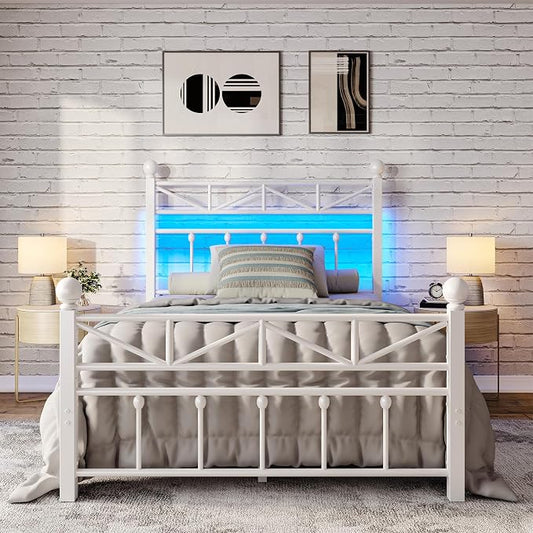 EnHomee 14.2" Metal Twin Bed Frames with Tall Headboard & Footboard, LED Light Twin Bed Frame, Strong Slats Support and Noise-Free Design with Under Bed Storage/No Box Spring Needed/White