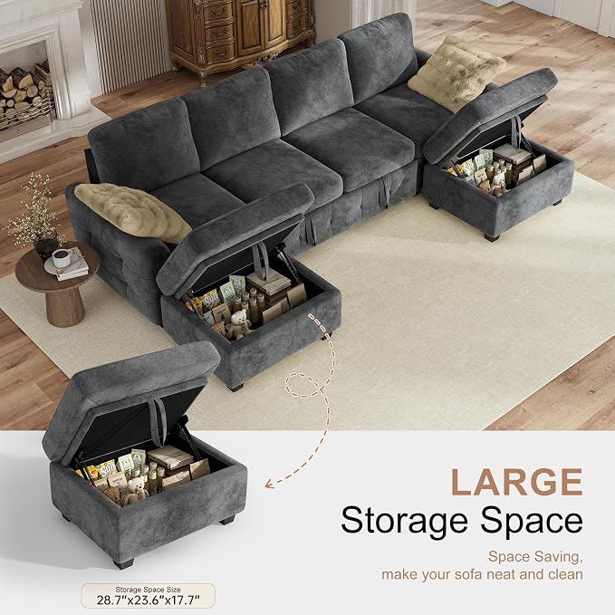 Hanherry 104" Sectional Couch with Pull Out Sofa Bed,Chenille Sleeper Sofa with Storage Ottoman & USB Charging,Comfy U Shaped Modular Couches for Living Room,Apartment