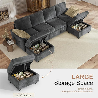Hanherry 104" Sectional Couch with Pull Out Sofa Bed,Chenille Sleeper Sofa with Storage Ottoman & USB Charging,Comfy U Shaped Modular Couches for Living Room,Apartment