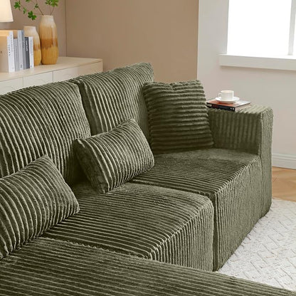 L Shaped Modular Boneless Sectional Couches for Living Room, Wide Armrest, Deep Seat, Memory Foam, Assembly Free, Modern Comfy Corduroy Fluffy Cloud Sofa with Left Chaise, Green