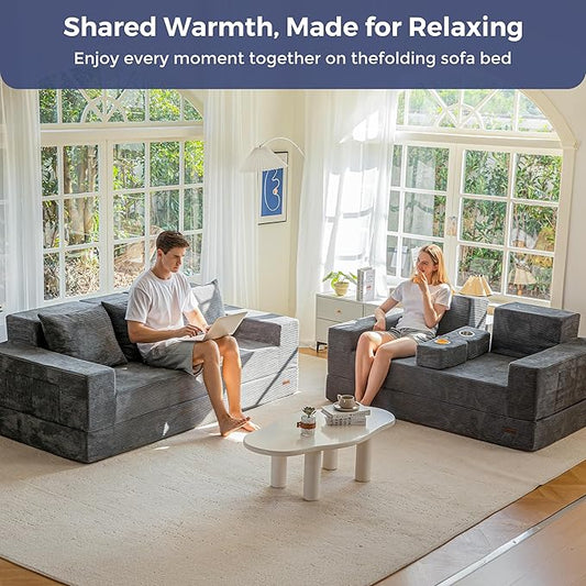 MAXYOYO Convertible Sofa Bed, 80" Oversized Boneless Loveseat Couch 4 in 1 Foldable Floor Sofa Couch in A Box with 2 Cup Holders, Folding Chair for Living Room, Grey