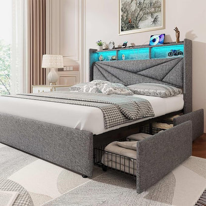 Driftalia LED Full Size Bed Frame with 4 Storage Drawers, Upholstered Full Bed Frame with 2-Tier Headboard and Charging Station, No Box Spring Needed, Easy to Assembly - Light Grey