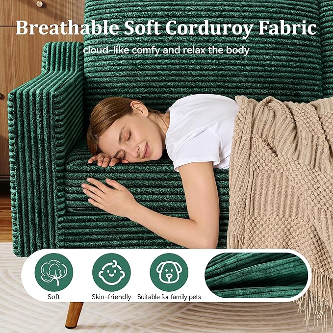 65" Loveseat Sofa, Comfy Green Corduroy Couches for Living Room, Mid Century Modern Love Seat Sofa, Tool-Free Setup Small Couches for Bedroom Office