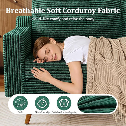65" Loveseat Sofa, Comfy Green Corduroy Couches for Living Room, Mid Century Modern Love Seat Sofa, Tool-Free Setup Small Couches for Bedroom Office