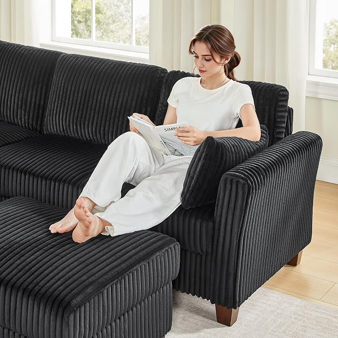 VANOMi Sectional Corner Couch, Corduroy L Shaped Sofa, 6-Seat Couch,Black