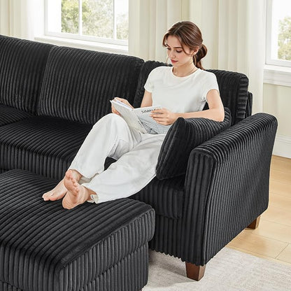 VANOMi Sectional Corner Couch, Corduroy L Shaped Sofa, 6-Seat Couch,Black