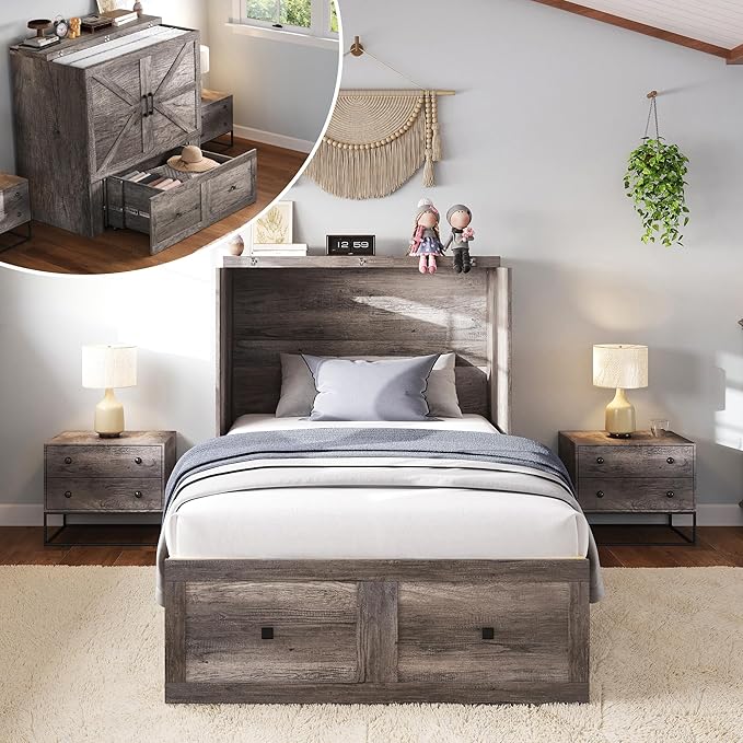 LUXOAK Twin Murphy Bed with Built-in Charging Station and Storage Drawer, Farmhouse Foldable Cabinet Bed for Guest Room, Apartment or Home Office, Rustic Grey