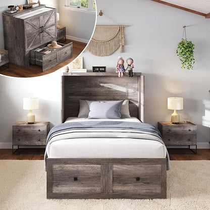 LUXOAK Twin Murphy Bed with Built-in Charging Station and Storage Drawer, Farmhouse Foldable Cabinet Bed for Guest Room, Apartment or Home Office, Rustic Grey