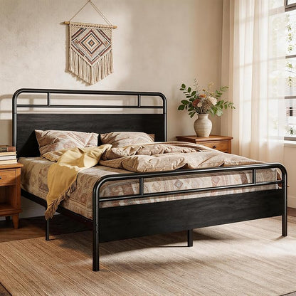 SHA CERLIN King Size Bed Frame with Vintage Industrial Wood Headboard, Heavy Duty Metal Platform with 12" Under-Bed Storage, Mattress Foundation, No Box Spring Needed, Noise-Free, Easy Assembly, Black