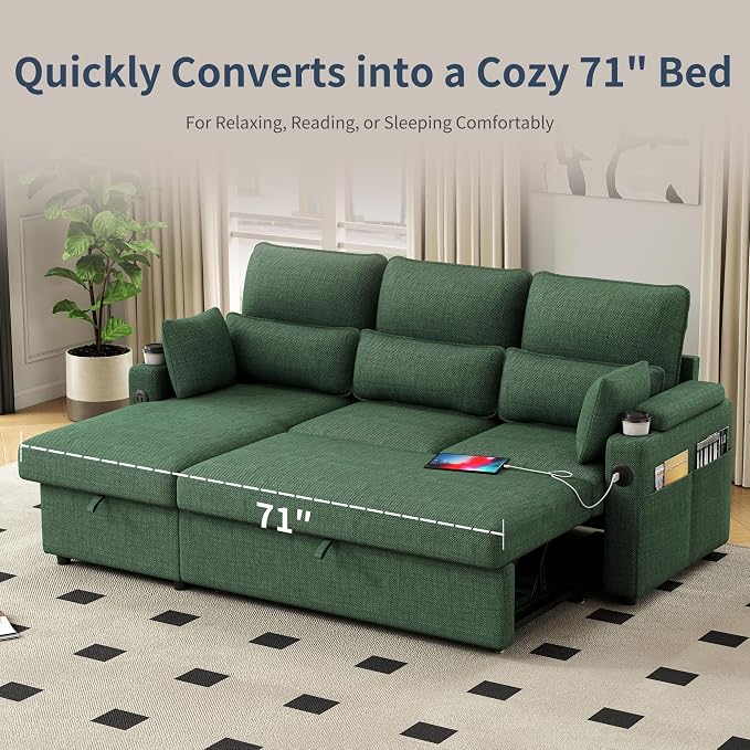 81" L-Shaped Sectional Sofa Couch, Pull-Out Sleeper Sofa Bed with Storage Chaise, Double Cup Holders, Dual USB Charging Ports, Couches for Living Room Apartment