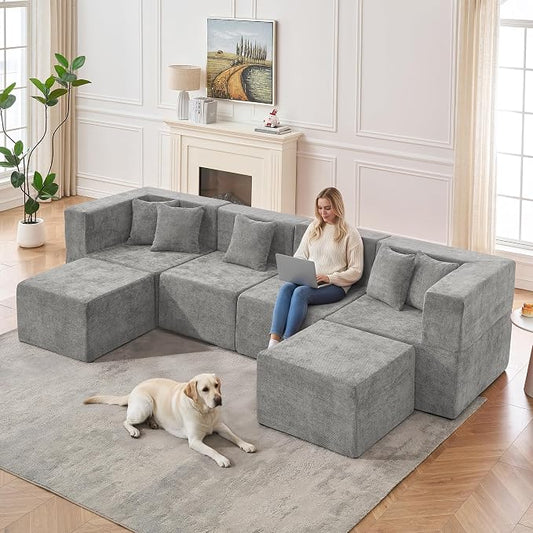 MONVANE Modular Sectional Cloud Couch for Living Room - 130'' 6 Seater Convertible Chenille Couches Set with Ottoman, No Assembly Compression Sofas, Comfy Floor Sofa with Memory Foam, Light Grey