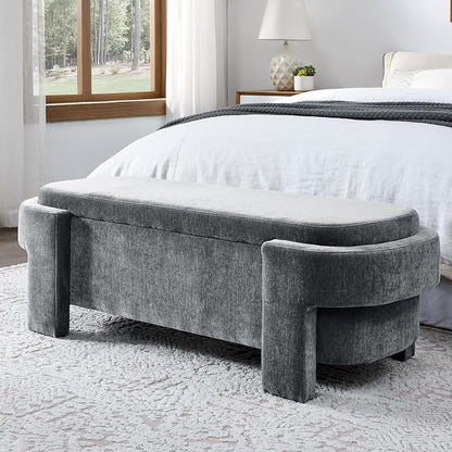 51.5" Oval Storage Bench End of Bed Storage Benches Linen Fabric Upholstered Ottoman Bench with Large Storage Space for Living Room Entryway Bedroom Hallway (Dark Grey, 51.5 inch)