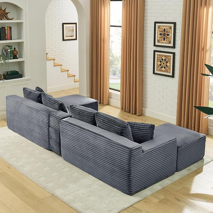 127" U-Shaped Cloud Sectional Couch Oversized Modular Compressed Boneless Sectional Sofa with Ottoman Chaise Lounges & Console, Plush Corduroy Boneless Symmetrical Sofa