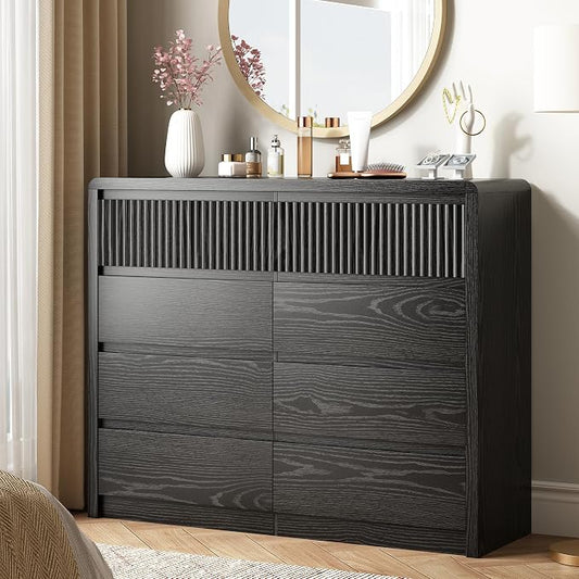 LYNSOM 8 Drawer Dresser for Bedroom, 50" Wide Fluted Dresser with Curved Corners, Wood Dressers & Chests of Drawers with Dual-Panel Design for Bedroom, Entryway, Black