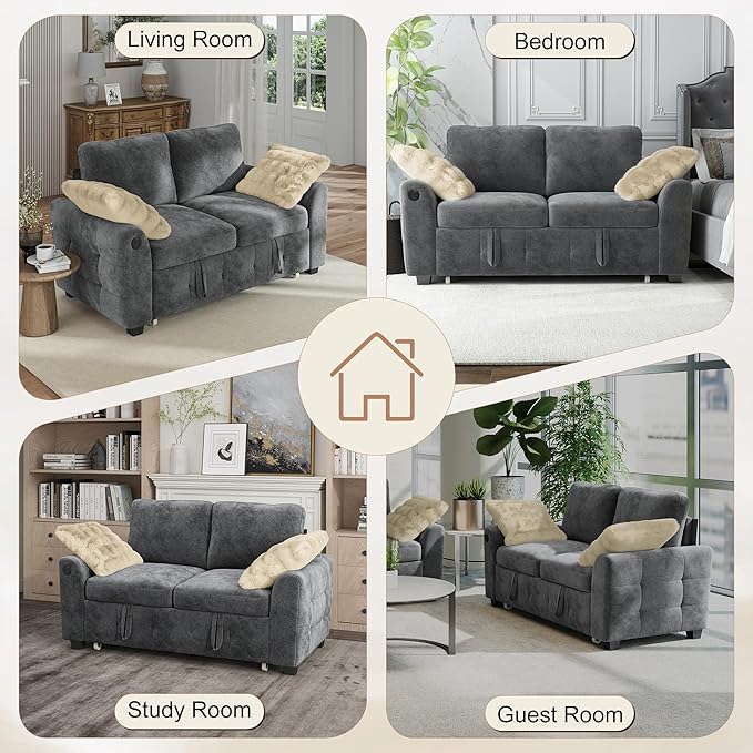 Hanherry 59" Loveseat Couch with Pull Out Sofa Bed, Chenille 2-in-1 Convertible 2 Seater Sleeper Sofa with USB Charging,Comfy Love Seat for Small Spaces Living Room Apartment