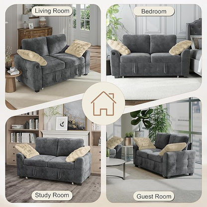 Hanherry 59" Loveseat Couch with Pull Out Sofa Bed, Chenille 2-in-1 Convertible 2 Seater Sleeper Sofa with USB Charging,Comfy Love Seat for Small Spaces Living Room Apartment