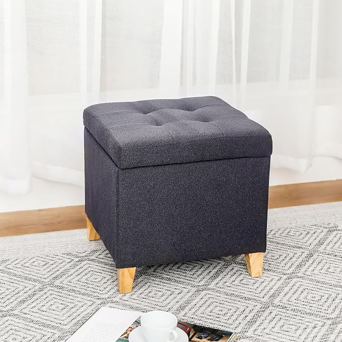 Adeco Storage Ottoman Bench with Solid Wood Legs, Dark Grey Cotton Linen Upholstered Tufted Footstool, Hinged Lid Cube for Living Room, Bedroom, Entryway, 17.7" Square