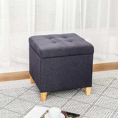 Adeco Storage Ottoman Bench with Solid Wood Legs, Dark Grey Cotton Linen Upholstered Tufted Footstool, Hinged Lid Cube for Living Room, Bedroom, Entryway, 17.7" Square