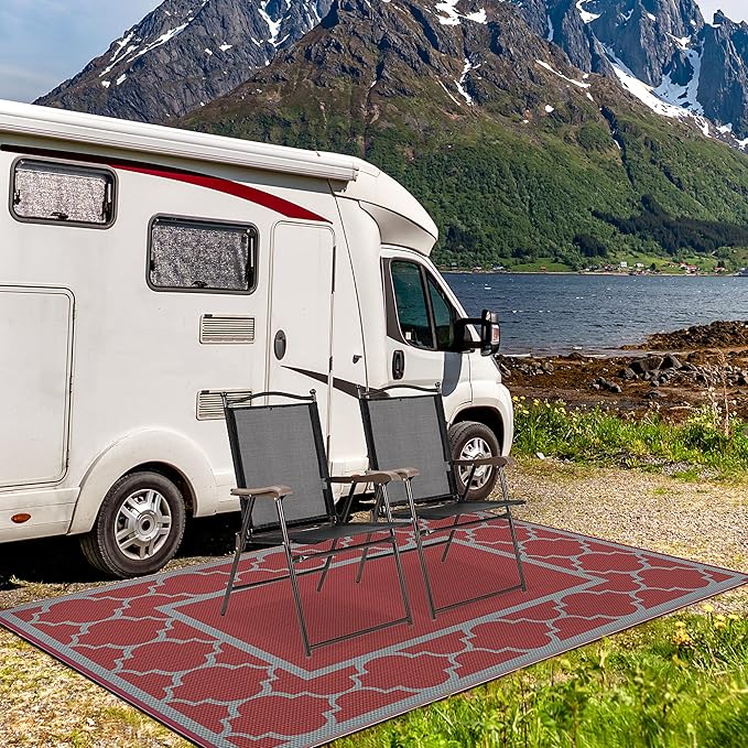 GENIMO 8' x 10' Outdoor Rug Waterproof for Patio Decor, Foldable Reversible Plastic Straw Area Rugs Mat for Camper, Outside Carpet for Rv, Deck, Porch, Picnic, Beach, Balcony, Red & Grey